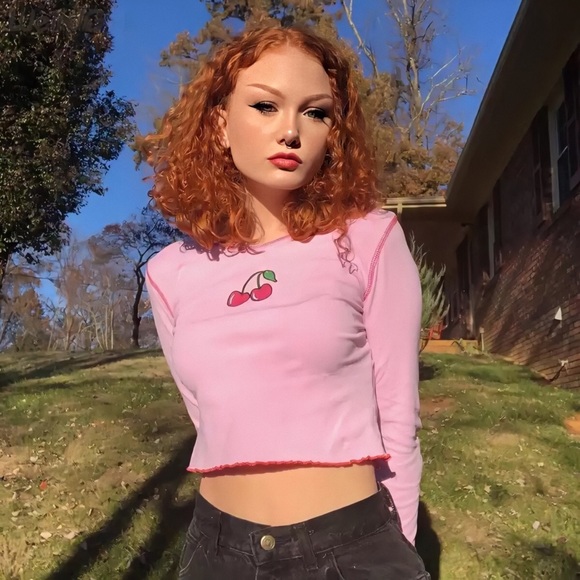 Pink “Cherry Print” Long-Sleeve Crop Top - Picture 2 of 2